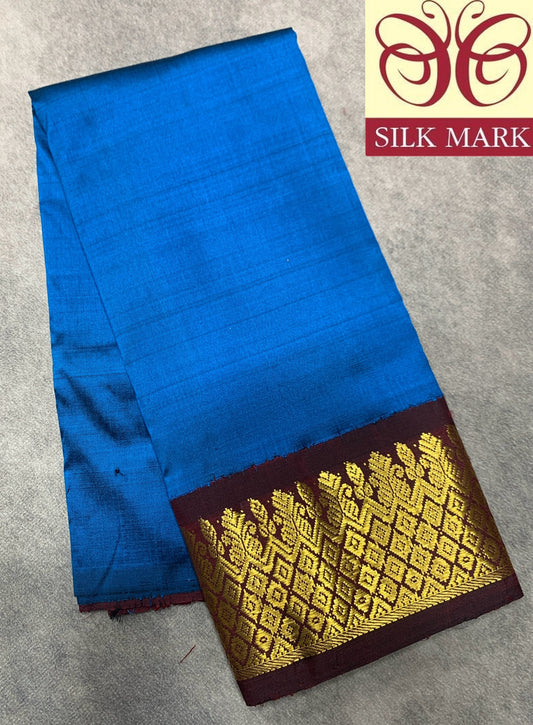 Peacock Blue Shade Pure Kanchipuram Kids Pattu Pavadai with Contrast Border for Newborn to 2 Years