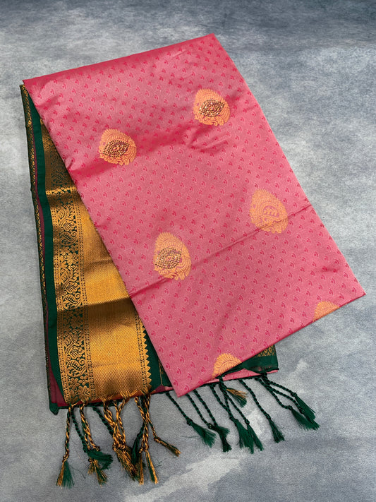 Soft Vegan Silk Saree Onion Pink Colour with Green and Copper Border
