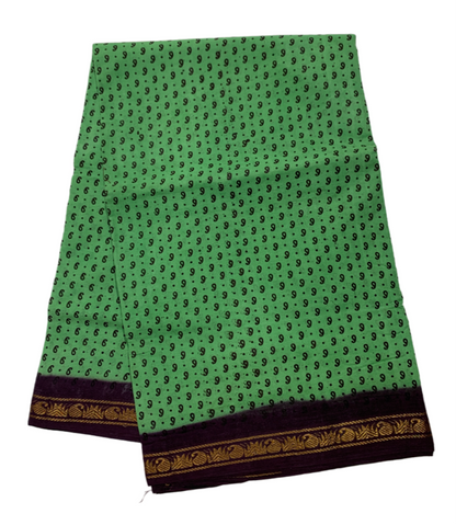 9 yards Cotton Saree Pista Green Colour with Brown Border