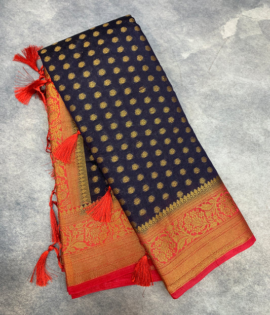 Crepe Saree Block Colour with Red Border