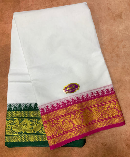 9X5 Cotton Dhoti White with Pink and Green Ganga Jamuna Border