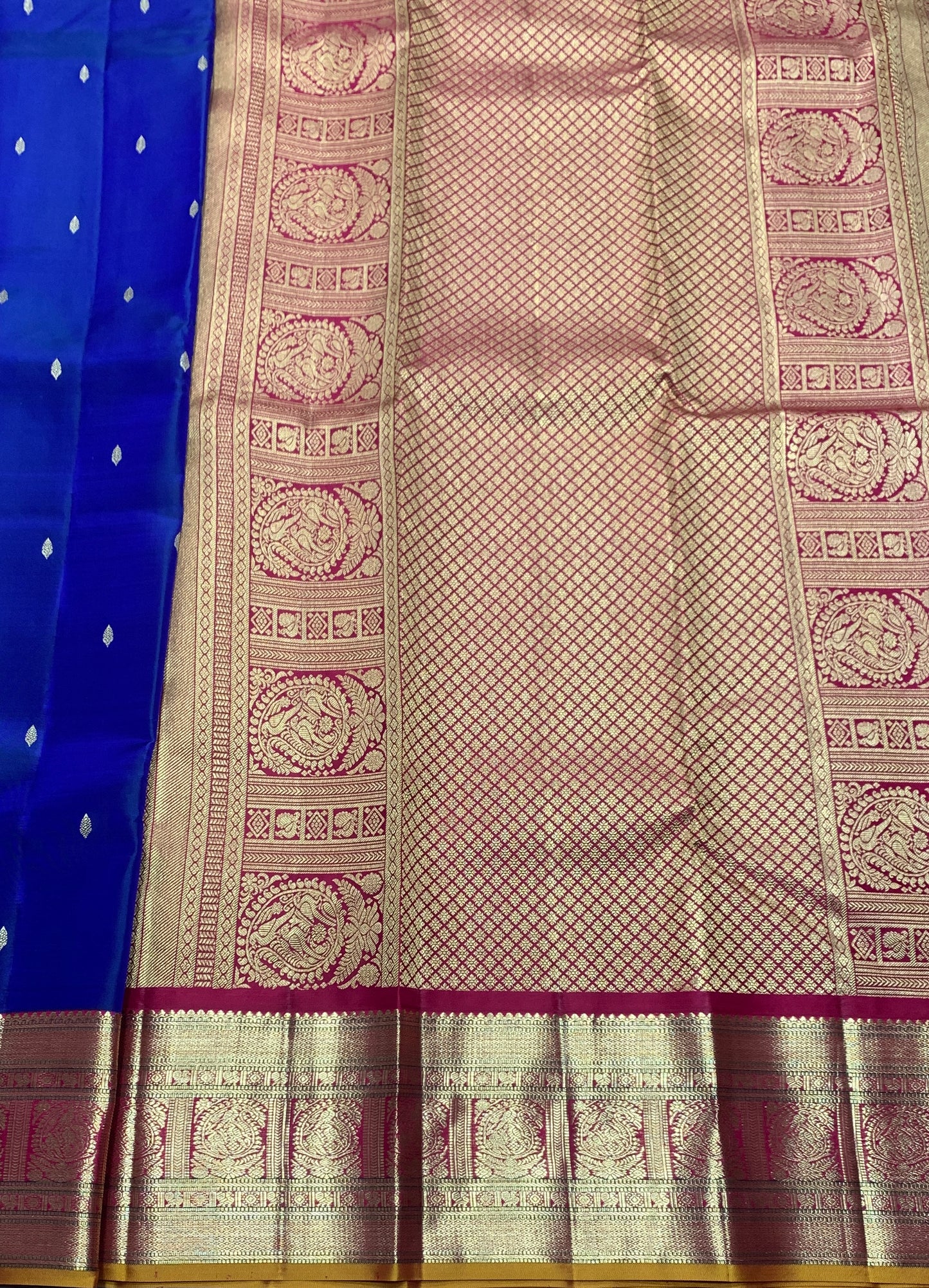 Pure Kanchipuram Silk Ink Blue Colour with Red and Golden Zari Border
