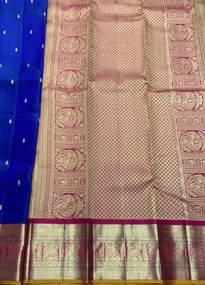 Pure Kanchipuram Silk Ink Blue Colour with Red and Golden Zari Border