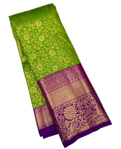 Olive Green Colour Semi Silk Saree with Big Magenta Border