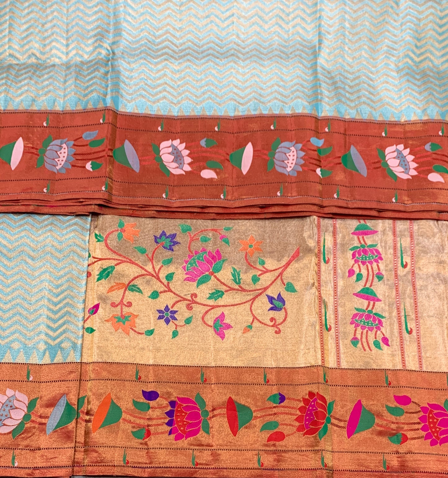 Paithani Pure Silk Saree Sky Blue Colour with Copper Colour and Floral Design  (Pre Order Available)