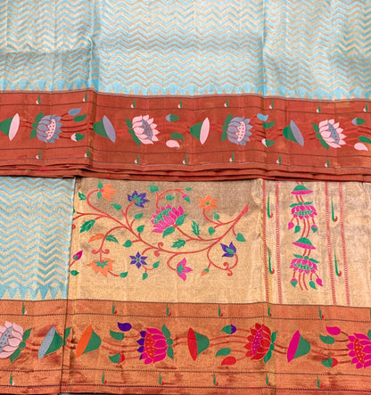 Paithani Pure Silk Saree Sky Blue Colour with Copper Colour and Floral Design  (Pre Order Available)