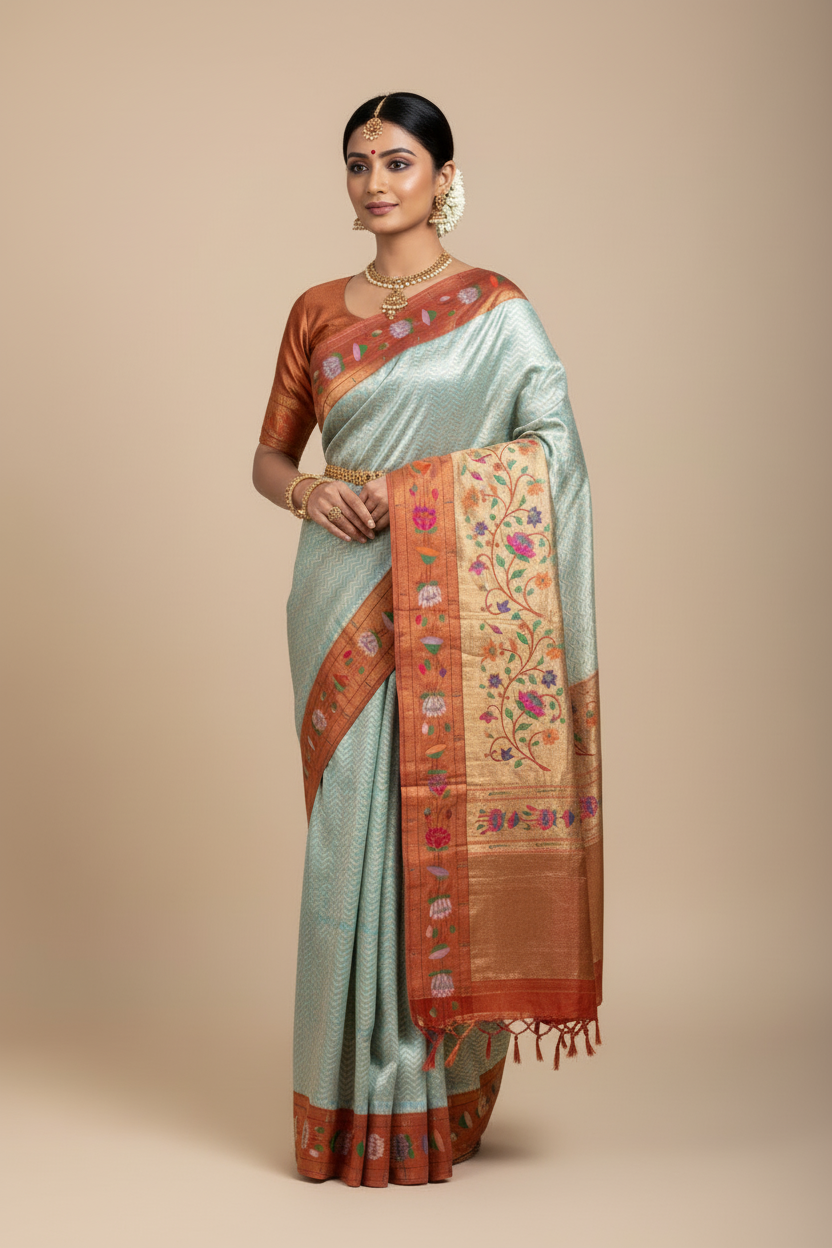 Paithani Pure Silk Saree Sky Blue Colour with Copper Colour and Floral Design  (Pre Order Available)