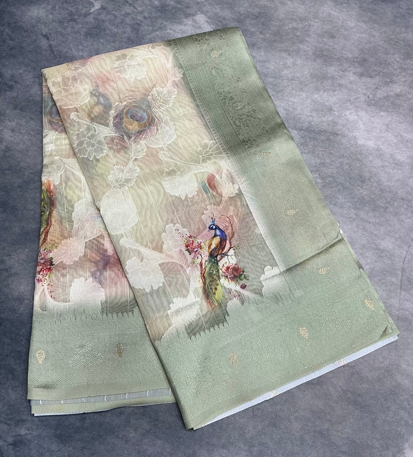 Digital Print Cotton Saree Army Green Colour with Floral and Birds Pattern