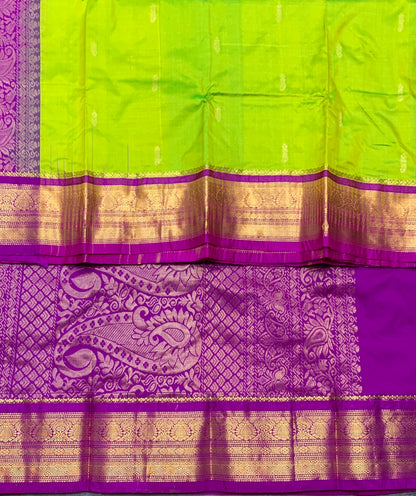 Pure Kanchipuram Silk Parrot Green Colour with Magenta Border
