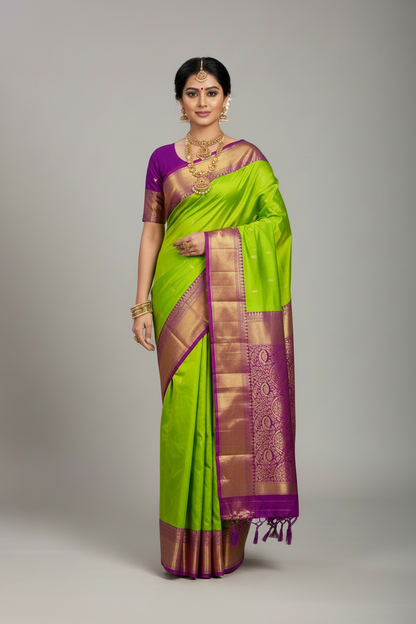 Pure Kanchipuram Silk Parrot Green Colour with Magenta Border