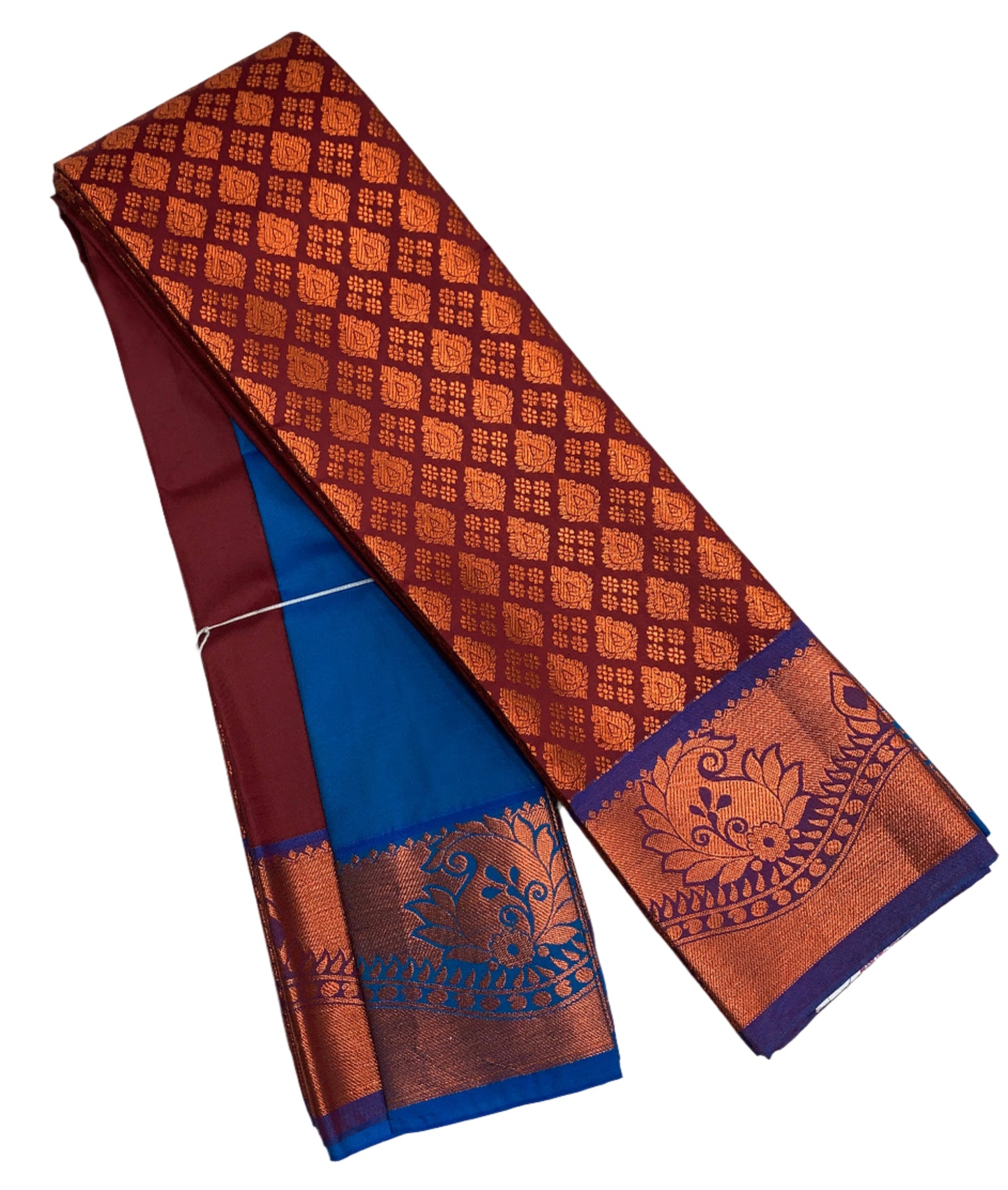 Vegan Silk Saree Maroon Colour with Copper and Blue Border
