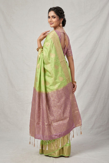 Art Silk Saree Pista Green Colour with Sliver Zari Border