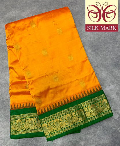 9 yards Pure Kanchipuram Silk Saree Mango Yellow Colour with Green Border