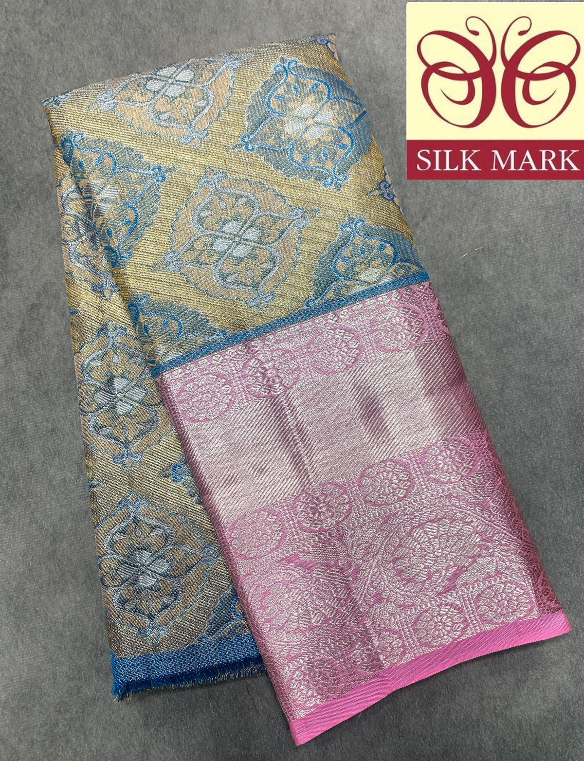 Metallic Gold Shade Pure Kanchipuram Kids Pattu Pavadai with Contrast Border for Newborn to 2 Years