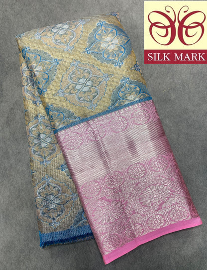 Metallic Gold Shade Pure Kanchipuram Kids Pattu Pavadai with Contrast Border for Newborn to 2 Years
