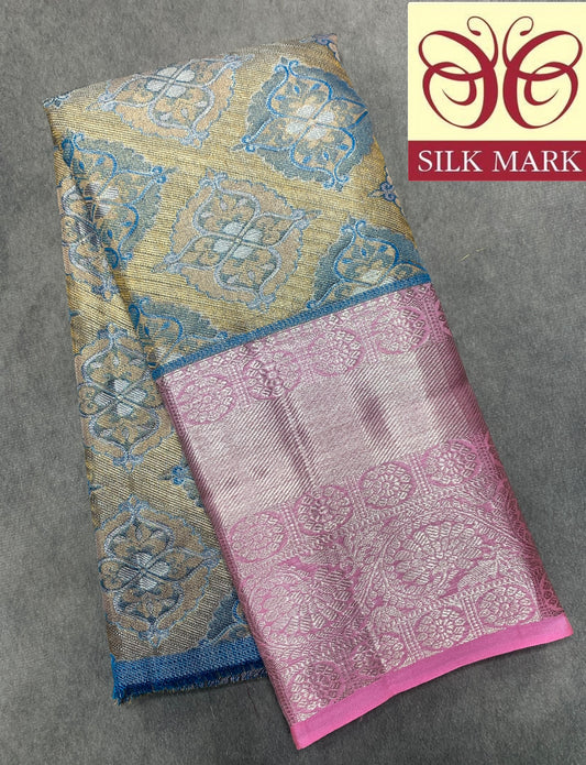 Metallic Gold Shade Pure Kanchipuram Kids Pattu Pavadai with Contrast Border for Newborn to 2 Years