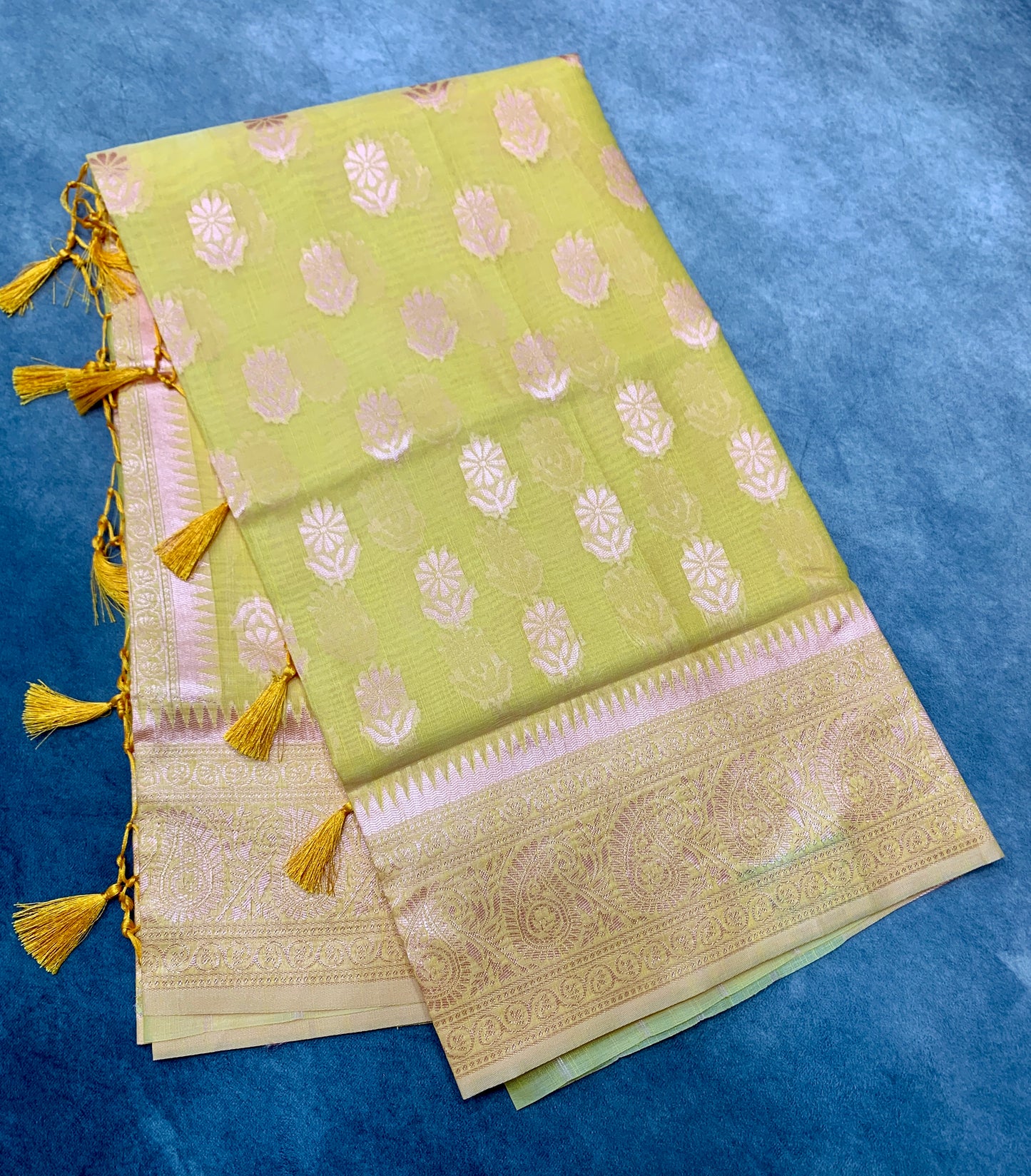 Banaras Katan Saree Yellow Colour with Katan Work Border