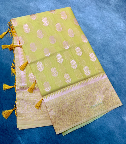 Banaras Katan Saree Yellow Colour with Katan Work Border
