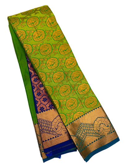 Vegan Silk Saree Light Green Colour with Copper and Blue Border