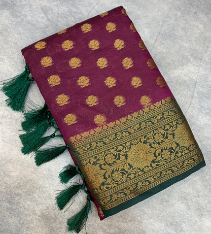 Crepe Saree Magenta Colour with Green Border