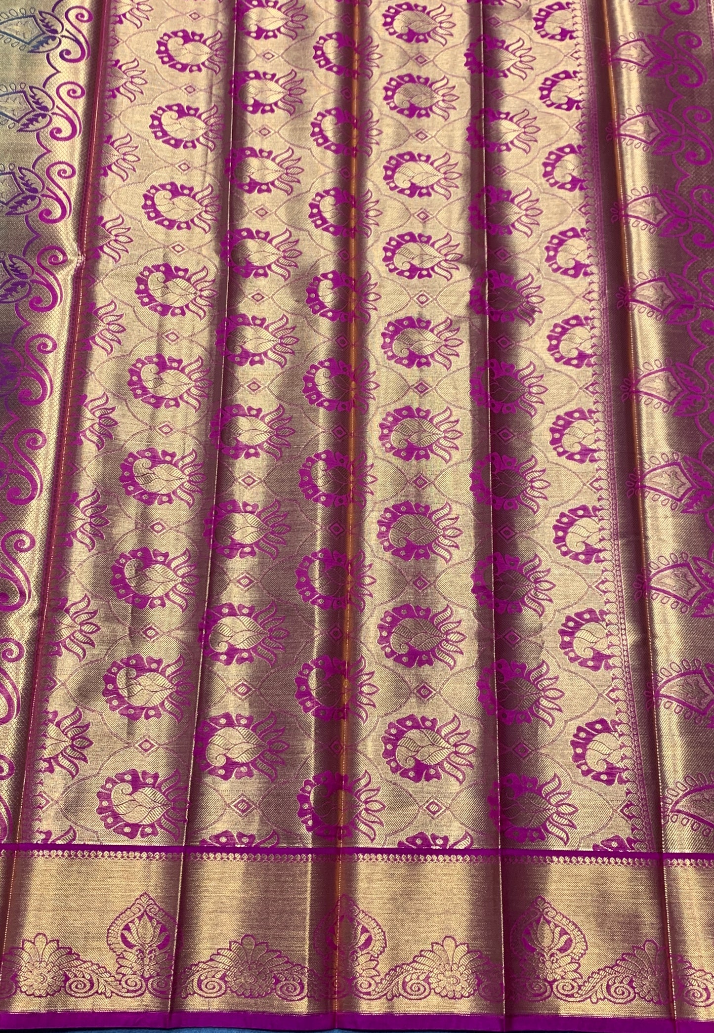 Vegan Silk Saree Light Green Colour with Pink and Copper Border