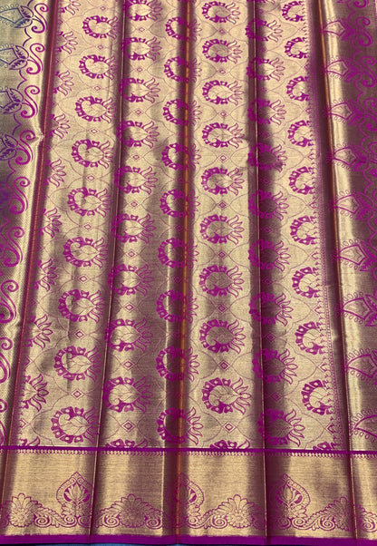Vegan Silk Saree Light Green Colour with Pink and Copper Border