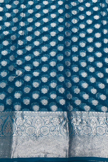 Georgette Saree Peacock Blue Colour with Sliver Floral Design Border