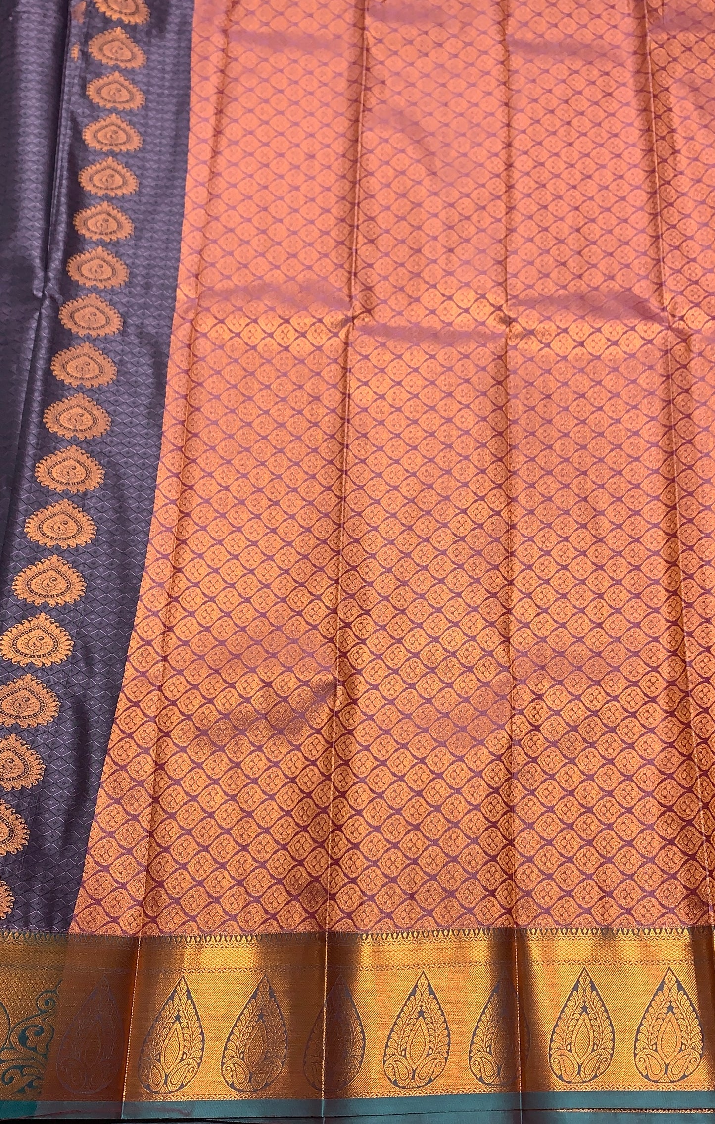 Vegan Silk Saree Gray Colour with Copper Border