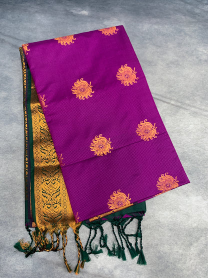 Soft Vegan Silk Saree Purple Colour with Green and Copper Border