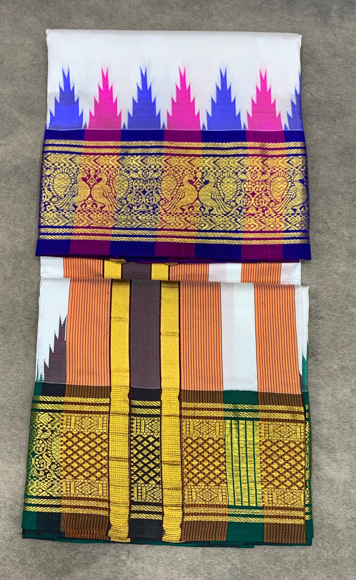 6 Mulam Silk Pooja Towel White Colour with Ganga Jamuna Korvai Border