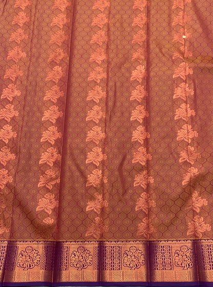 Vegan Silk Saree Brown Colour Saree with Copper and Floral Design