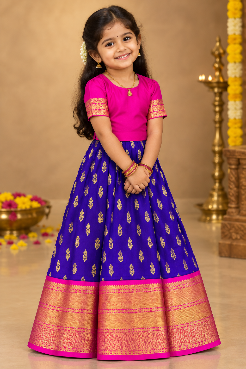 Blue Shade Pure Kanchipuram Kids Pattu Pavadai with Contrast Border for age 5 to 10