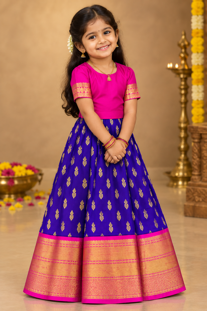 Blue Shade Pure Kanchipuram Kids Pattu Pavadai with Contrast Border for age 5 to 10