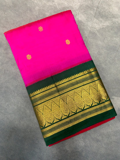 Pure Kanchipuram Silk Saree Pink Colour with Green with Golden Zari Work Border