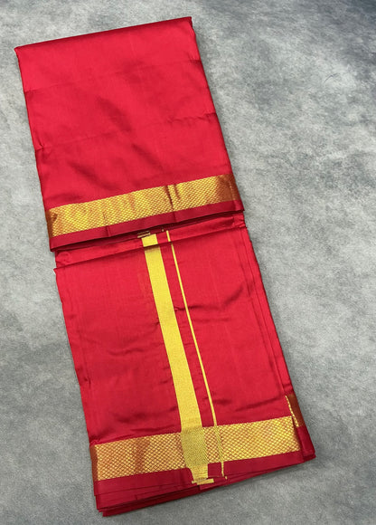 9X5 Pure Silk Dhoti Red Colour with Golden Zari Border