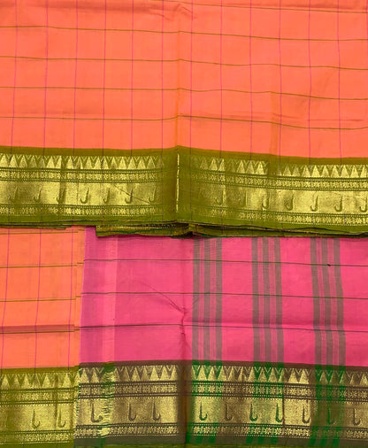 Chettinad Cotton Saree Orange Shade with Olive Green Colour Border