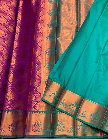 Vegan Silk Saree Magenta Colour with Green and Copper Border