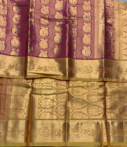 Vegan Silk Saree Maroon Colour with Copper and Golden Yellow Border