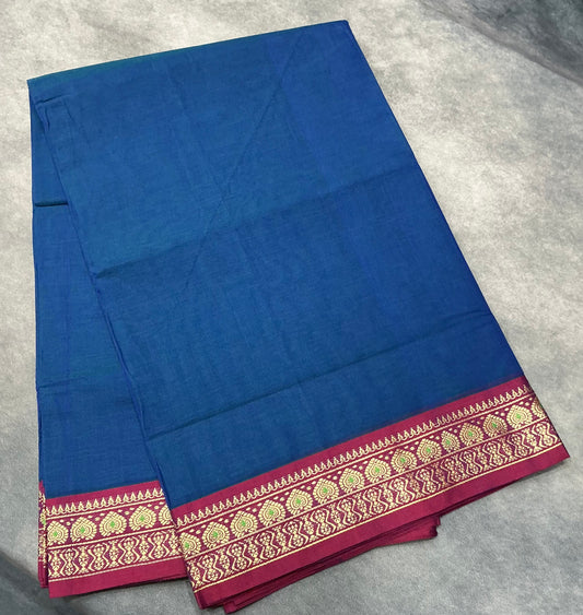 Chettinad Cotton Saree Blue Colour with Red Colour with Thread Work Border