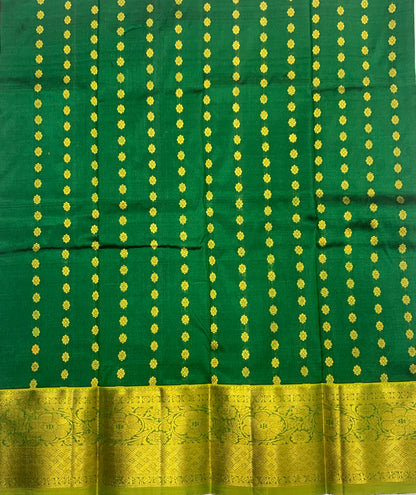 Green shade Pure kanchipuram Kids Pattu Pavadai with contrast border for newborn to 2 Years