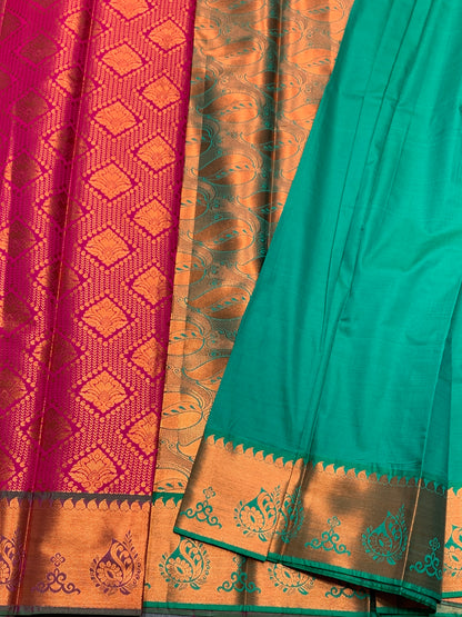 Vegan Silk Saree Pink Colour with Light Green and Copper Border