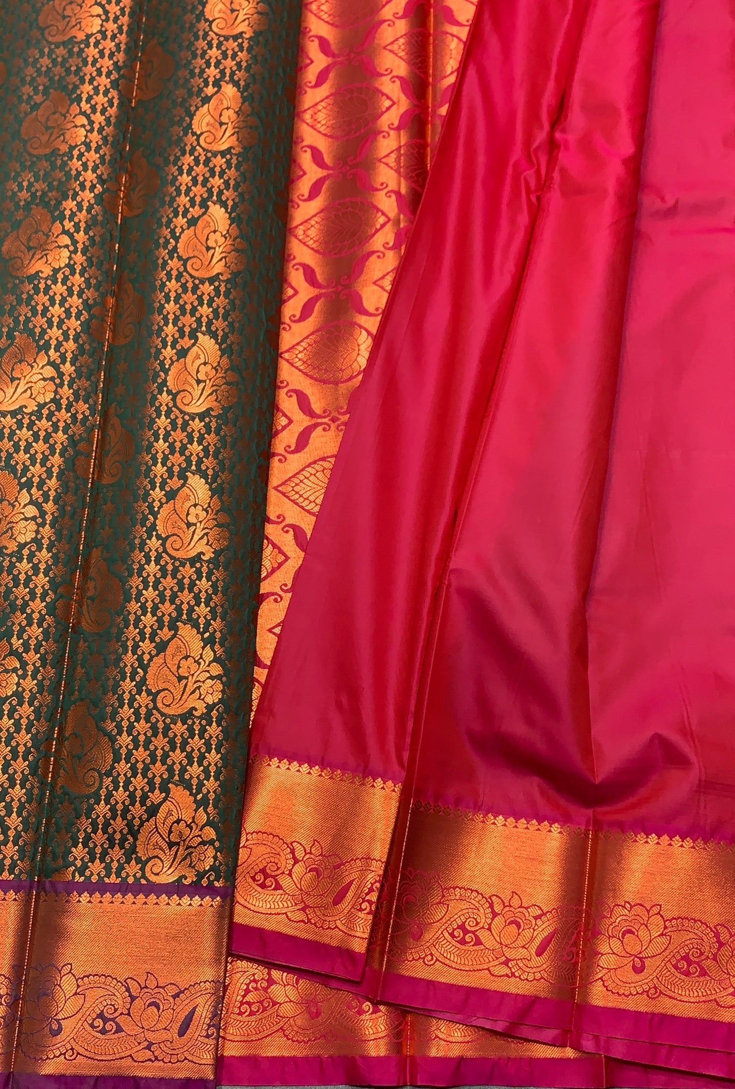 Vegan Silk Saree Green Colour with Magenta and Copper Border