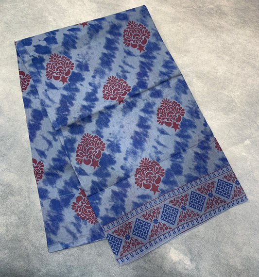 Chettinad Sungudi Cotton Blue Colour with Floral Design Border