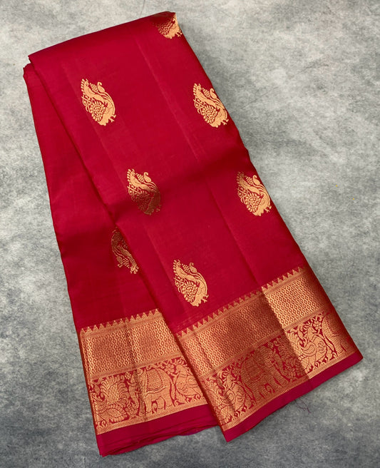Pure Kanchipuram Silk Saree Red Rose Colour with Self Border