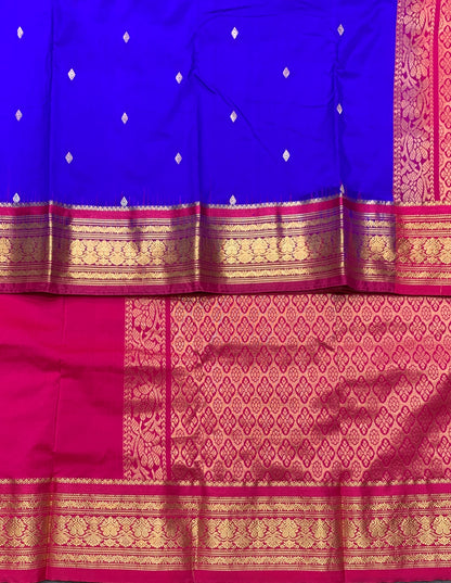 Pure Kanchipuram Silk Blue Colour with Pink Border