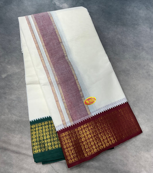 9X5 Cotton Dhoti White Colour with Maroon and Green Border