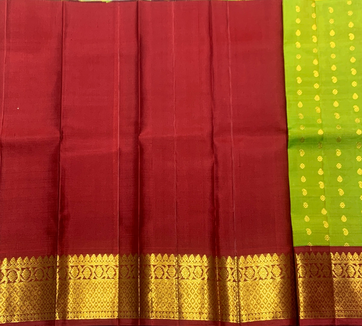 Lime Green Shade Pure Kanchipuram Kids Pattu Pavadai with Contrast Border for Newborn to 2 Years