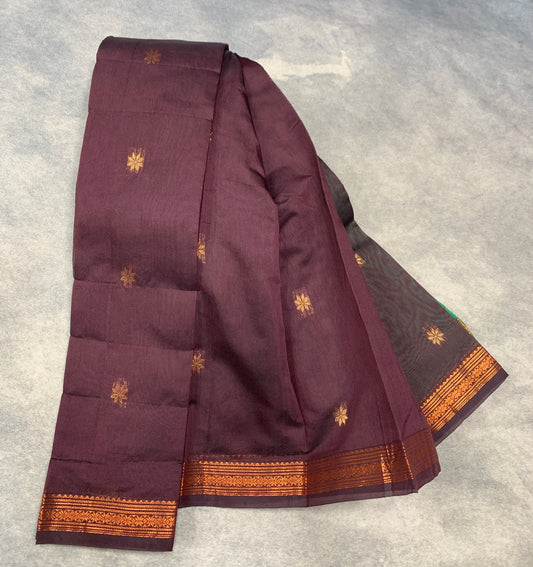 Brown Colour Silk Cotton Saree with Copper Zari Border