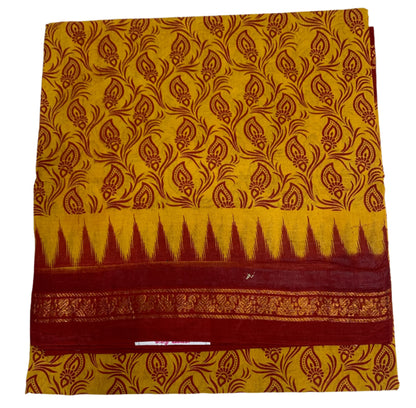 Chettinad Sungudi Cotton Mango Yellow Colour with Maroon Border