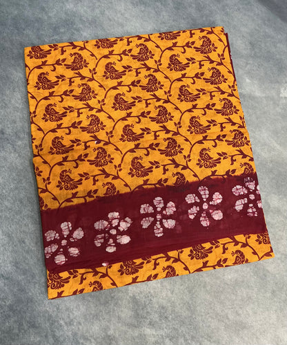 Chettinad Sungudi Cotton Mustard Yellow Colour with Maroon Colour Border